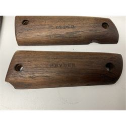 Six pairs of revolver grips;  pair of Lightwood & Son Ltd powder/shot measures in original box; and boxed Colt hammer shroud 