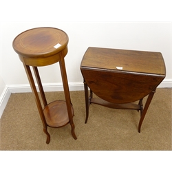  19th century mahogany fold over table, turned supports (W92cm, H56cm, D90cm) two drop leaf tables and an inlaid jardiniere (4)  