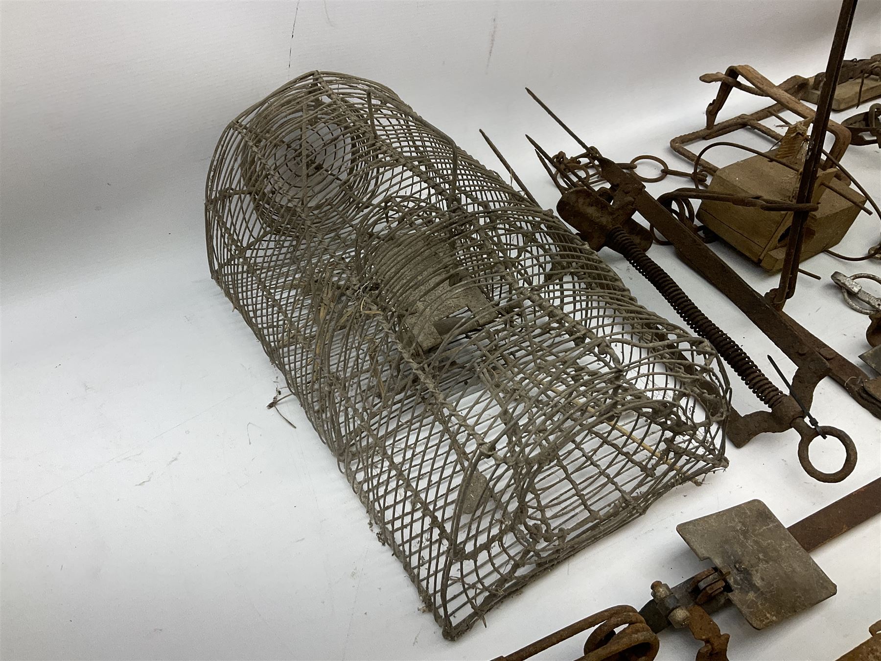 Quantity of animal traps including, gin traps, mole traps, Henri Marty wirework cage trap etc. Auctioneer's Note: These traps are sold as artefacts for ornamental purposes only as the use of some of them is illegal.