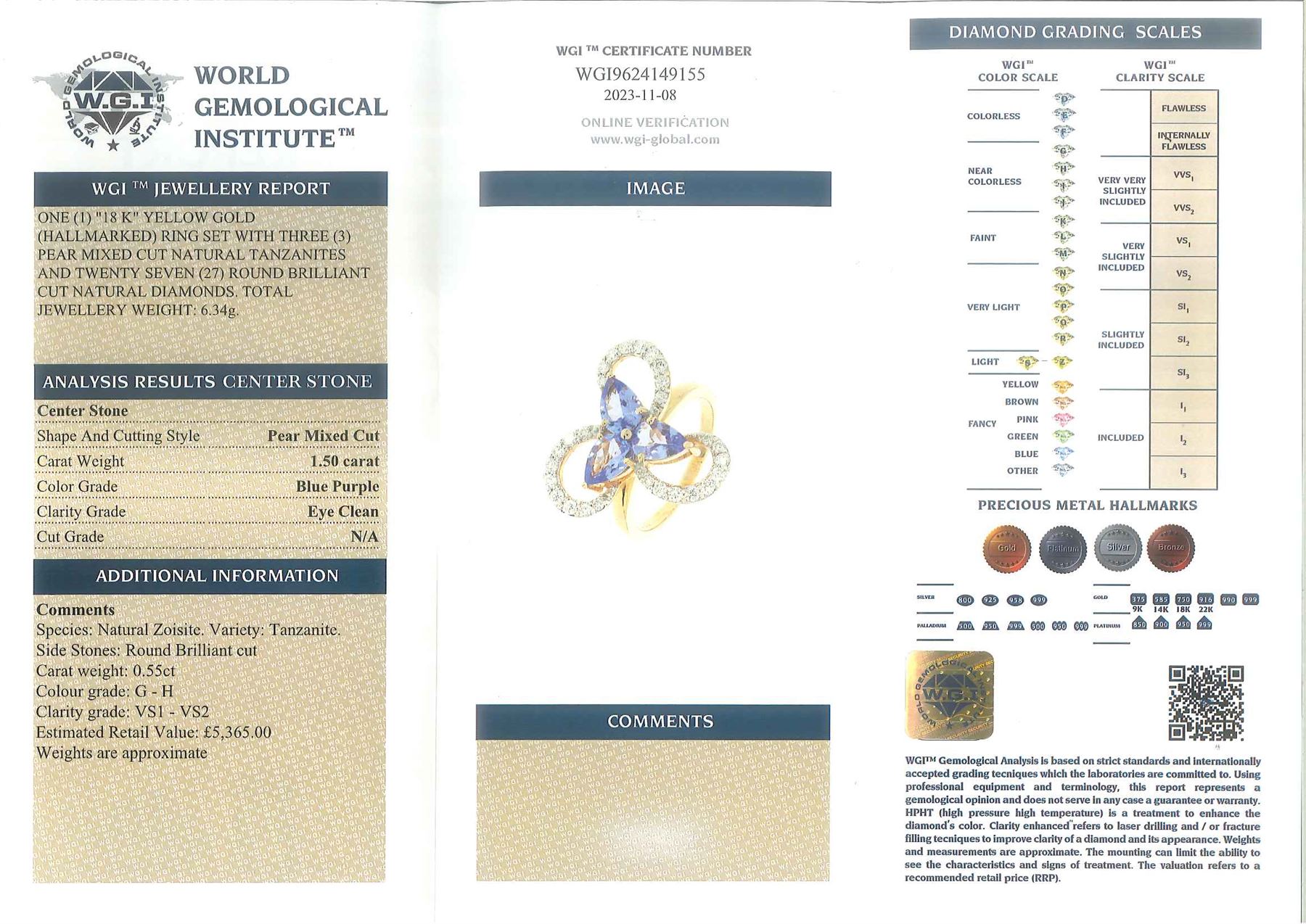 18ct gold tanzanite and diamond cluster ring, three pear cut tanzanite's, with round brilliant cut diamond surround, in an openwork swirl setting, hallmarked, total tanzanite weight 1.50 carat, total diamond weight 0.55 carat, with World Gemological Institute Report