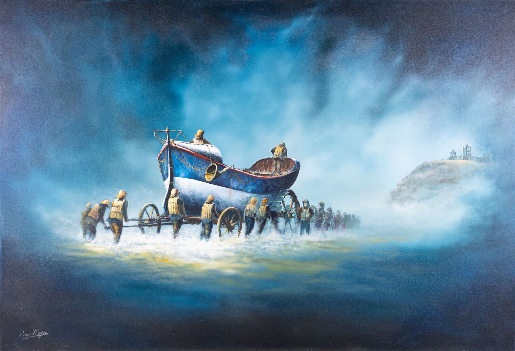 Dean Regan (Northern British 1960-): The Launching of the Robert and Mary Ellis Lifeboat at Whitby circa 1890, oil on canvas signed 75cm x 111cm