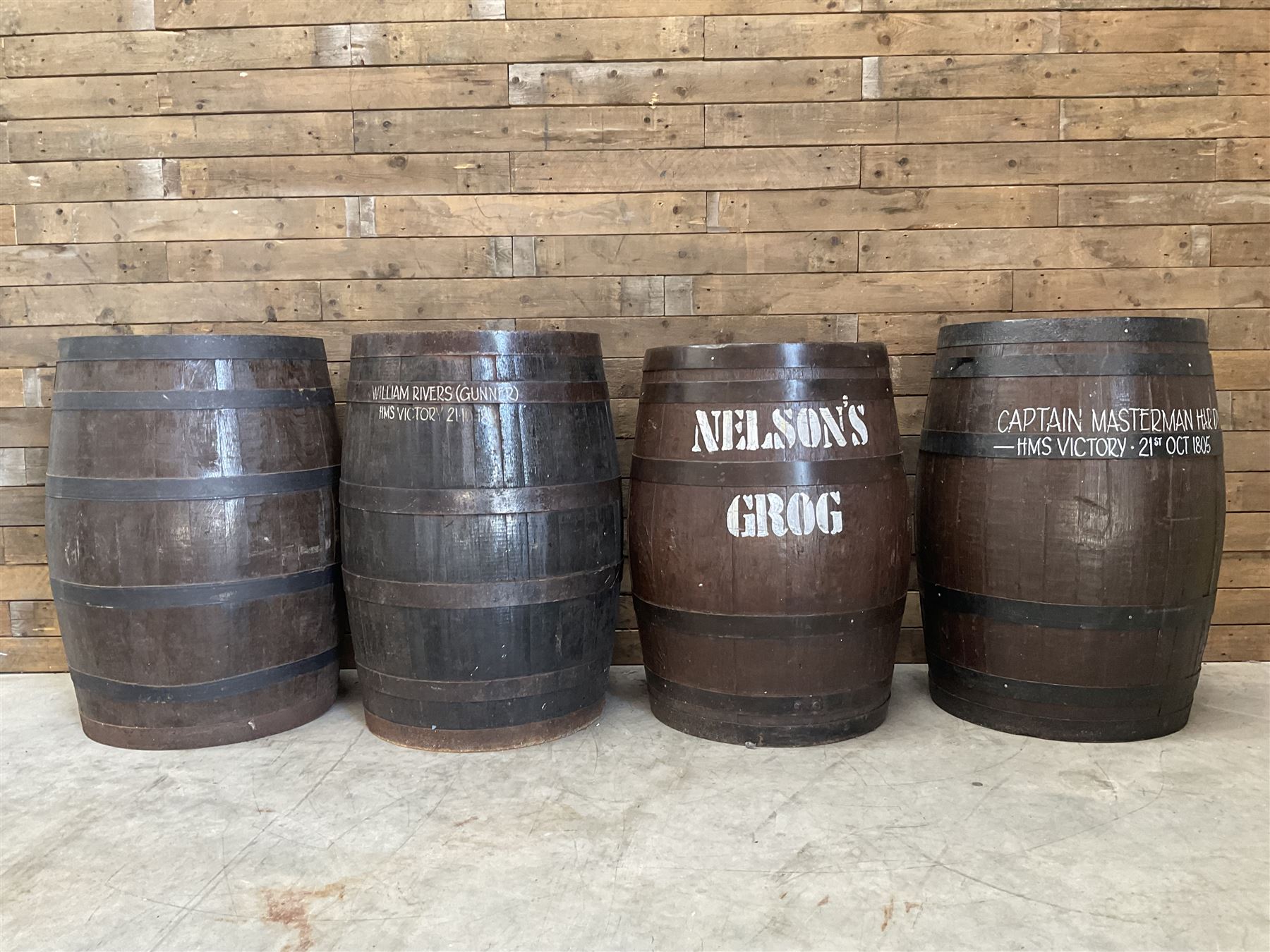 Four coopered barrel pub tables 