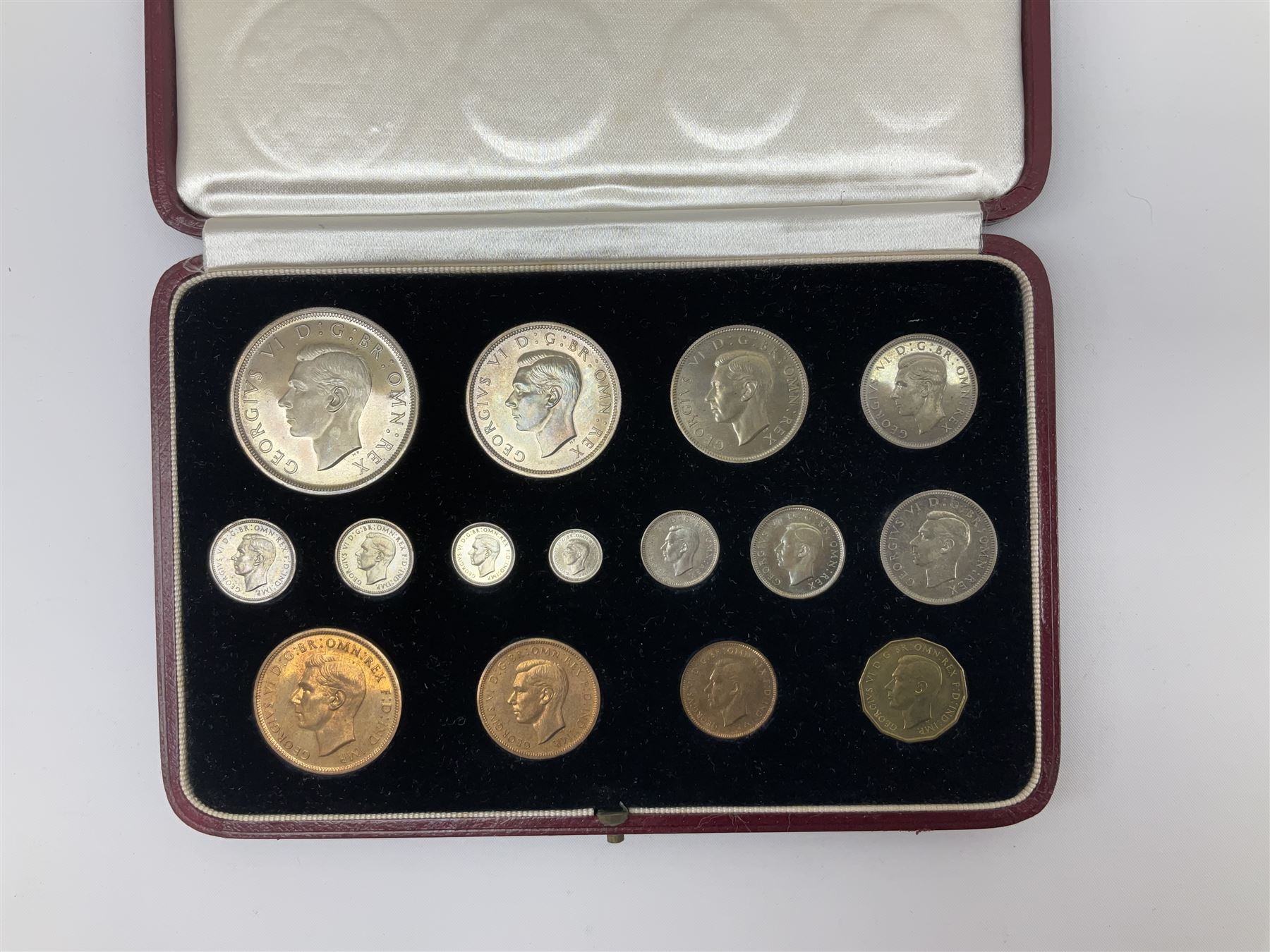 King George VI 1937 specimen coin set, fifteen coins from farthing to crown including Maundy money, in the original case