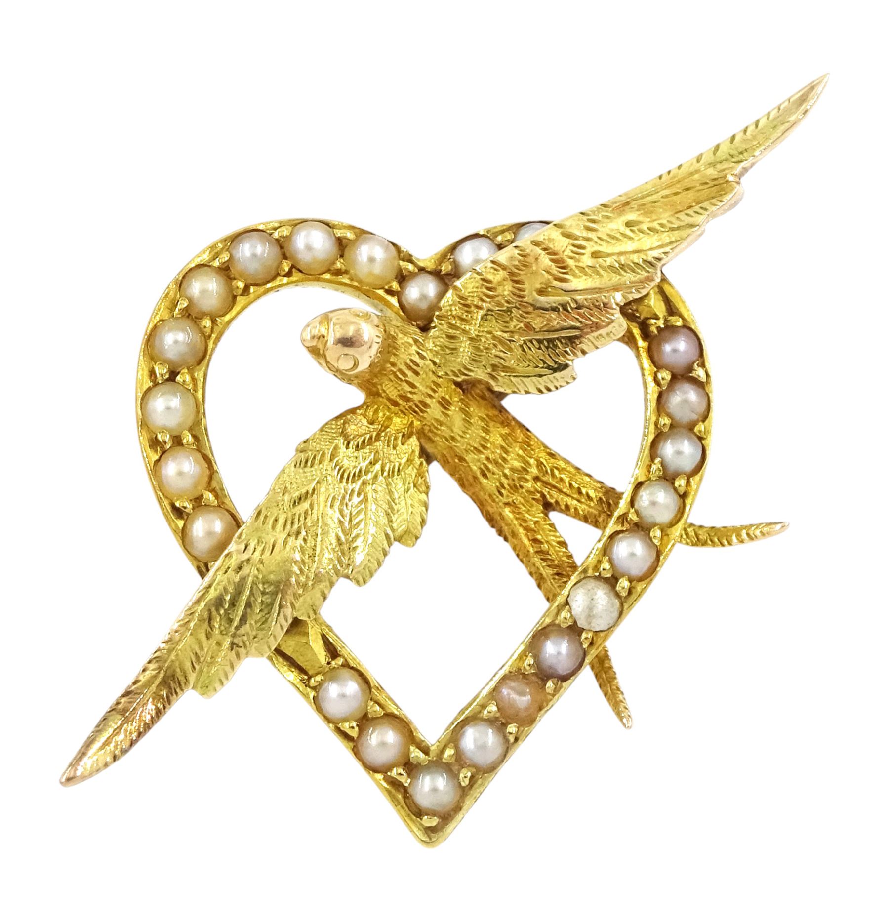 Early 20th century 15ct gold seed pearl swallow and heart brooch, in velvet and silk lined box