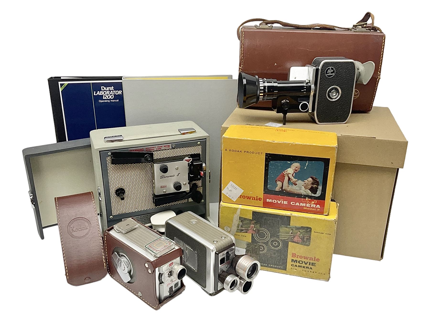 Bolex Paillard P3 Zoom Reflex camera body, serial no 38090, with 'B te S.G.D.G Som Berthiot Pan-Cinor 1:1.9 f=8a 40' lens, serial no. 40251438 in case, Kodak Brownie movie camera, Kodak model 2 Brownie movie camera and a Kodak 8 Movie Projector A-15G and other camera equipment 