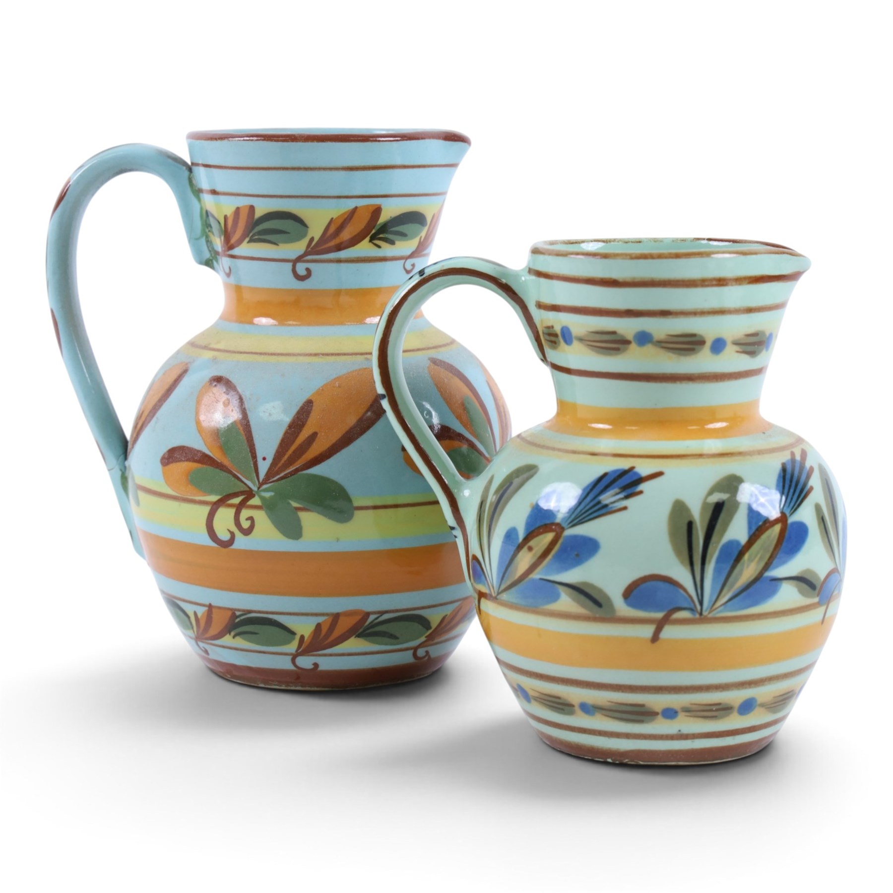 Eight Hartrox and Dee Cee Stoneware jugs, all with floral and abrstact decoration, with printed marks beneath, tallest H24cm