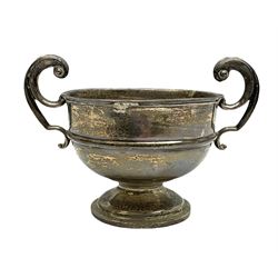Silver James Deakin & Sons twin handled cup raised upon pedestal base, stamped Sheffield 1907, H8cm
