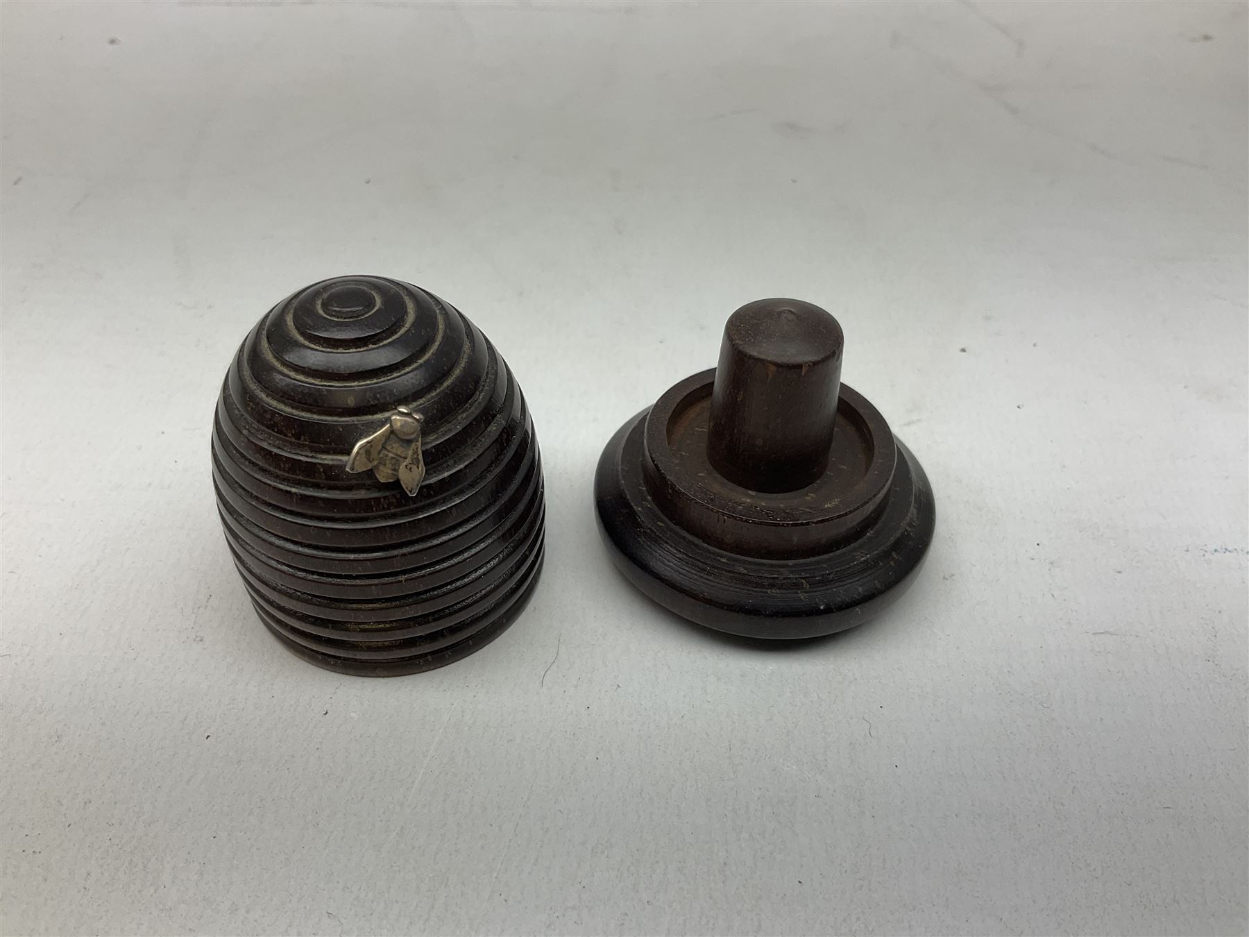 19th century wooden beehive thimble holder with silver bee decoration, black forest style pin cushion and thimble holder, modelled in the form of a standing bear and a wooden cased sewing set with silver thimble, sewing set H10cm