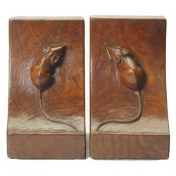 Mouseman - pair of circa 1940s/50s oak bookends, good colour, with carved mouse signatures forming a heart shape when side by side, by Robert Thompson of Kilburn