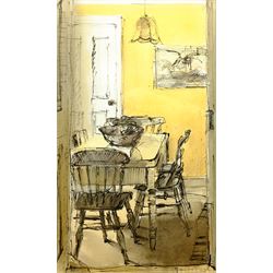 Barry E Carter (Northern British 20th century): 'Interior', watercolour and ink signed with initials, titled on artist's Humberside address label verso 47cm x 27cm