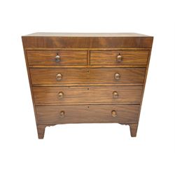 19th century straight-front chest, rectangular top with ebony strung edge, crossbanded frieze over two short and three long graduating drawers with ebony stringing, raised on bracket feet