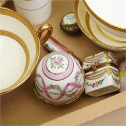 Royal Doulton 'Royal Gold' tea ware, set of four Limoges trinket boxes, small limoges vase and large covered box