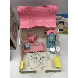 1980s Epoch Sylvanian Families - Country Kitchen Utensil Set and Playpen with Mobile; both boxed; together with assorted loose furniture, playground equipment, grocery shop stock etc; Penny's Pony Club Set in folding stable box; and boxed Bouncin' Babies Nursey Playset