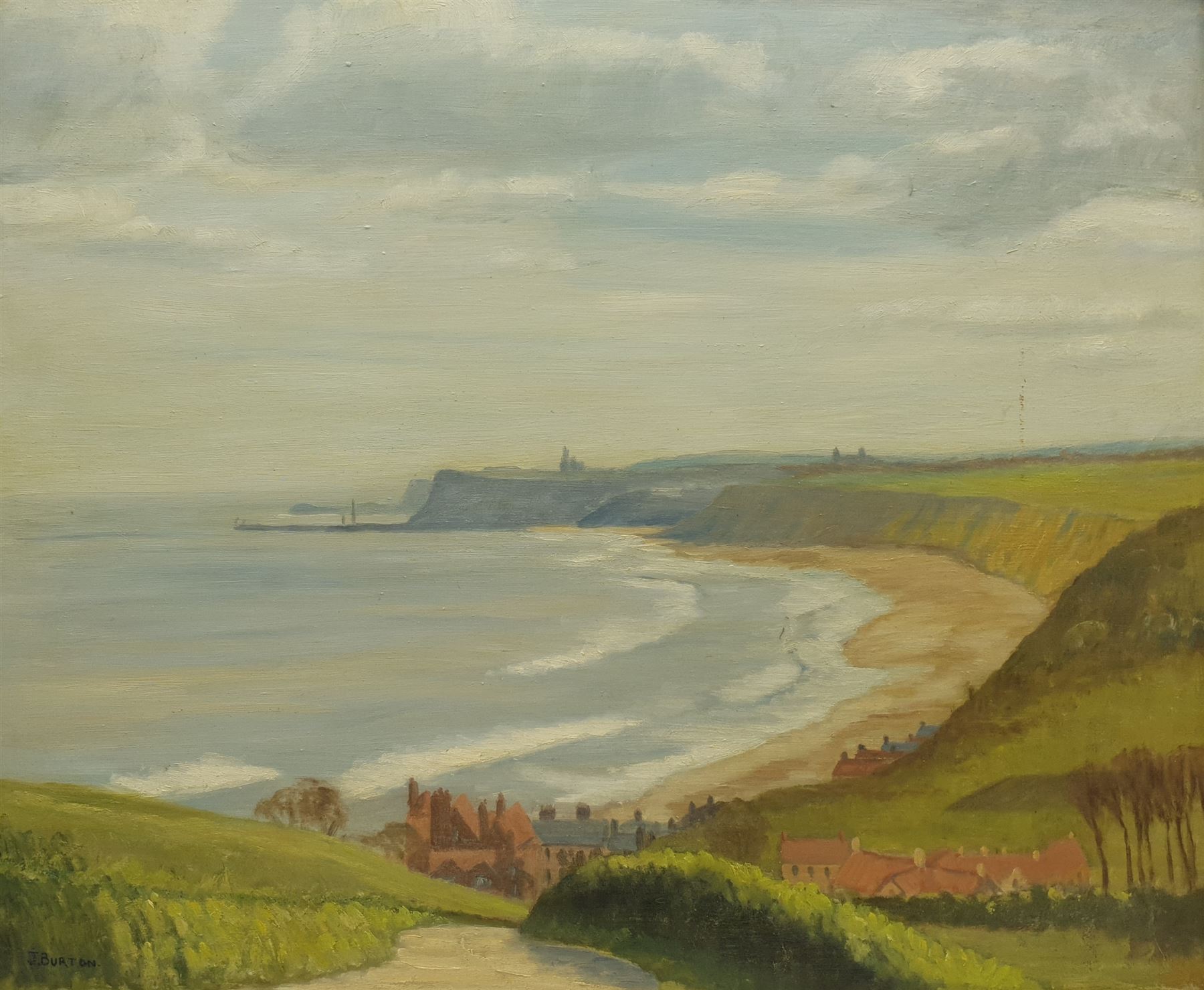 J Burton (British 20th century): Whitby from Lythe Bank, oil on board signed 49cm x 59cm; William Shone (British 20th century): 'Autumn Morning Cray Wharfedale', oil on board signed, titled verso on artist's studio label 49cm x 59cm (2)