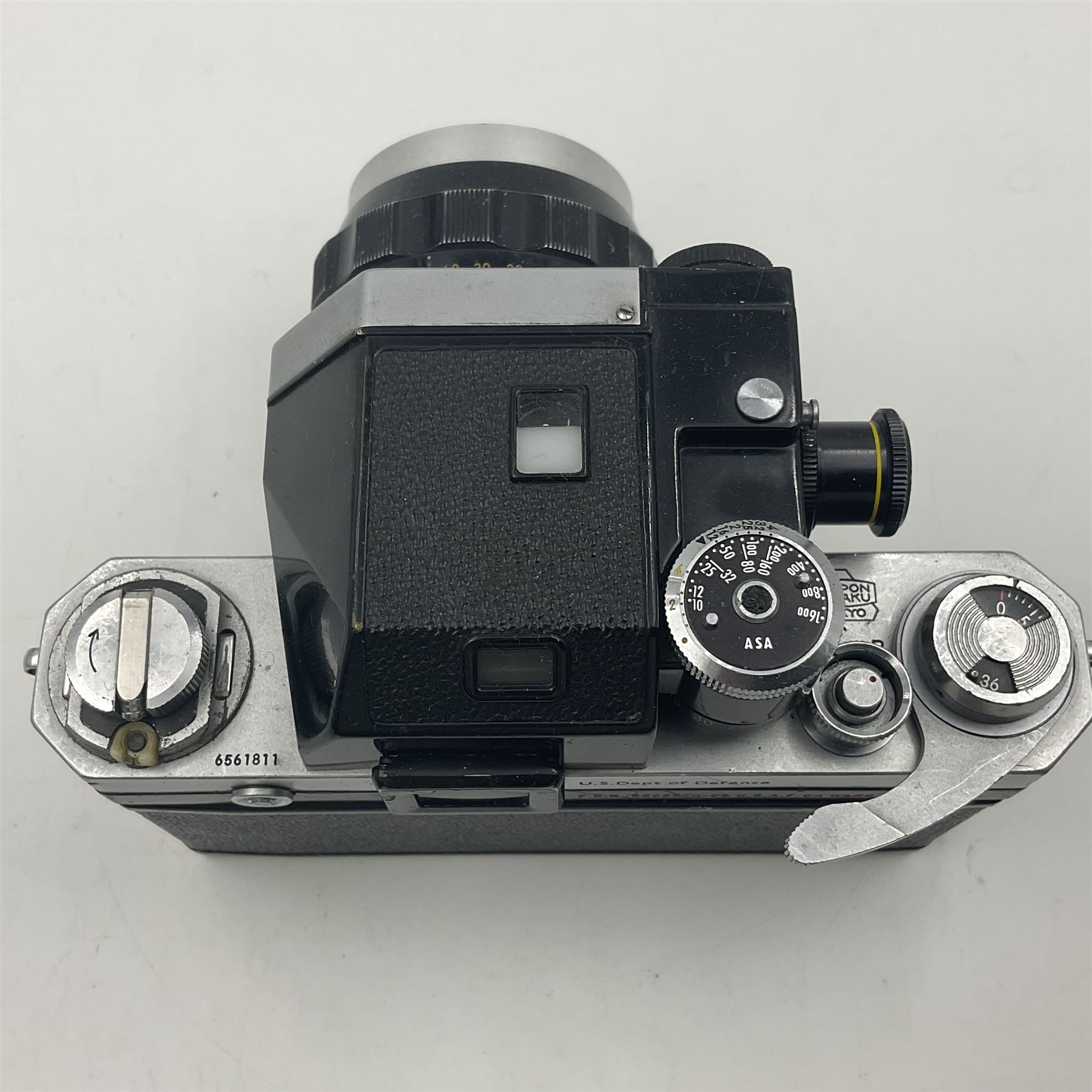 Nikon F Photomic NKJ camera body, marked 'US Dept of Defense ... U.S.A.F DA Nang, serial no. 6561811, with 'Nippon Kogaku NIKKOR-P Auto 1:2.5 f=105mm' lens, serial no. 212154