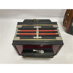 Three European concertinas, comprising Viceroy German concertina with 21 keys, hexagon wooden frame and 8 fold bellows
Oak framed concertina with 12 keys and 8 fold bellows
Commander concertina with 12 keys and 12 fold bellows
With tutor