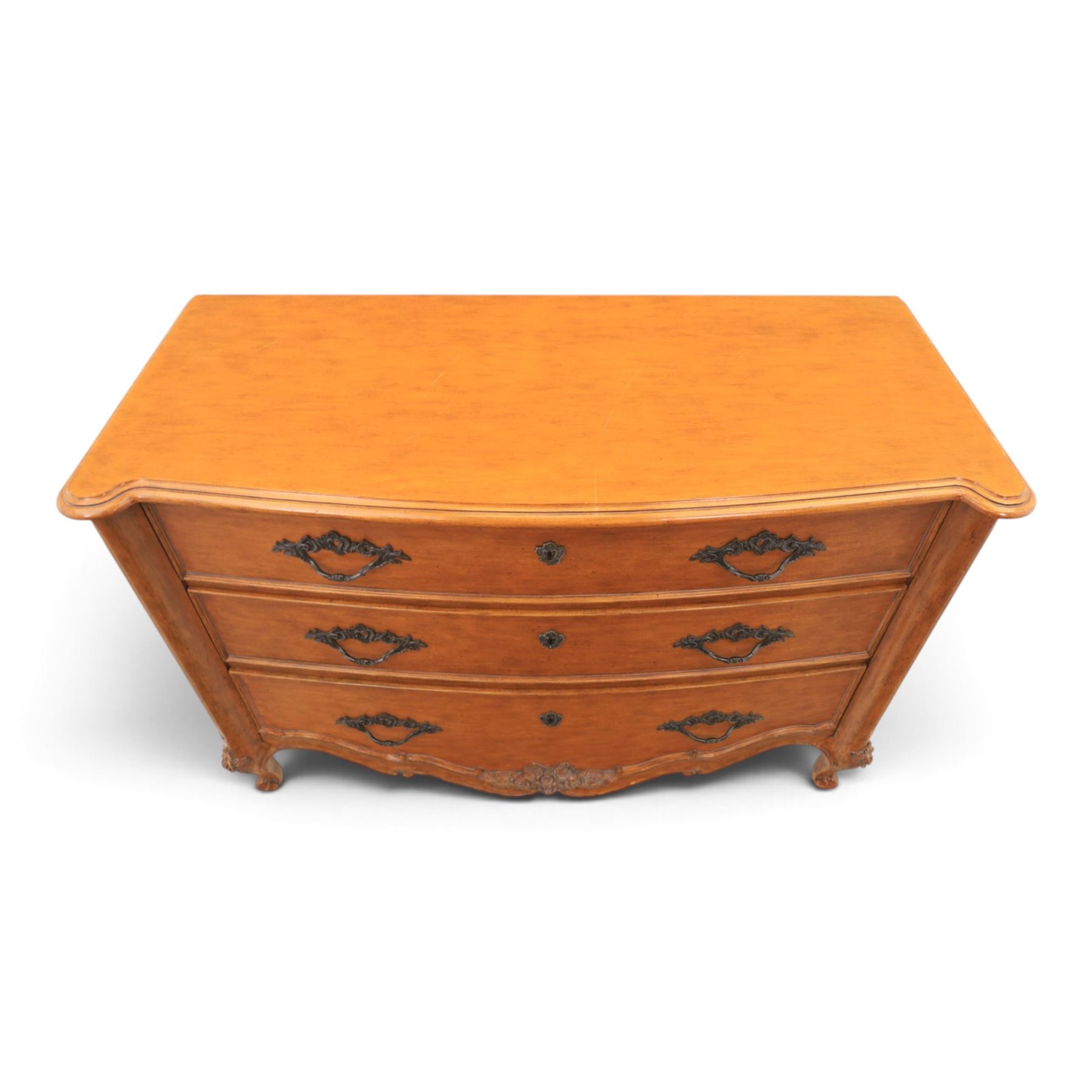 And So To Bed - 'Louis XV' large cherrywood chest, bowed shaped top above three long graduating drawers, blackened metal handles and escutcheons, raised on scrolled supports with carved foliate knees 