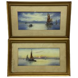 W R Arnold (British early 20th century): 'Moonrise' and 'A Golden Eve', pair watercolours signed and dated 1916, 20cm x 48cm (2)