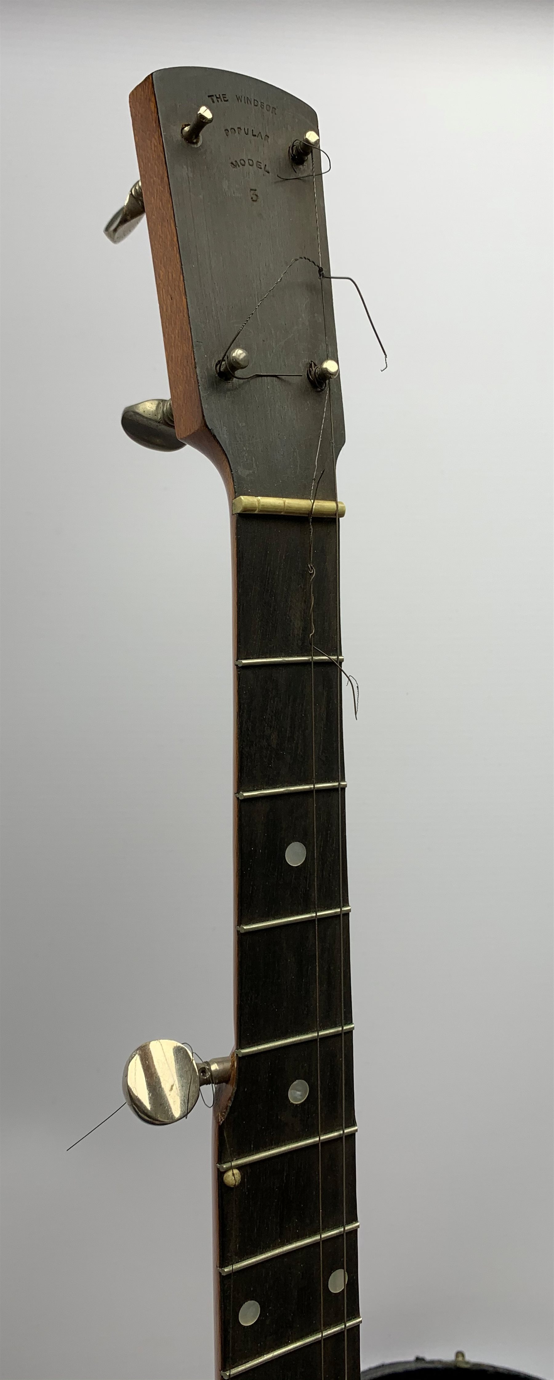  Windsor Popular Model 3 five-string banjo, impressed mark and maker's label and retailer's plaque for 'Leonard Dews 10 Euston Street also 43 Market Street, Blackpool', L89cm, in carrying case  