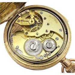 Early 20th century 9ct gold full hunter keyless repeating Swiss lever pocket watch, the back plate engraved 'Brevet 34984', white enamel dial with Roman numerals and subsidiary seconds dial, case by De Pury, Gautschi & Co (George Guillaume Gautschi), London import marks 1912