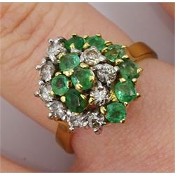 18ct gold round brilliant cut diamond and emerald cluster ring, stamped