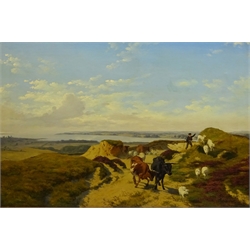 Axel Thorsen Schovelin (Danish 1827-1893): Boy driving Cattle and Sheep with Coastal Estuary in the distance, oil on canvas signed 61cm x 92cm