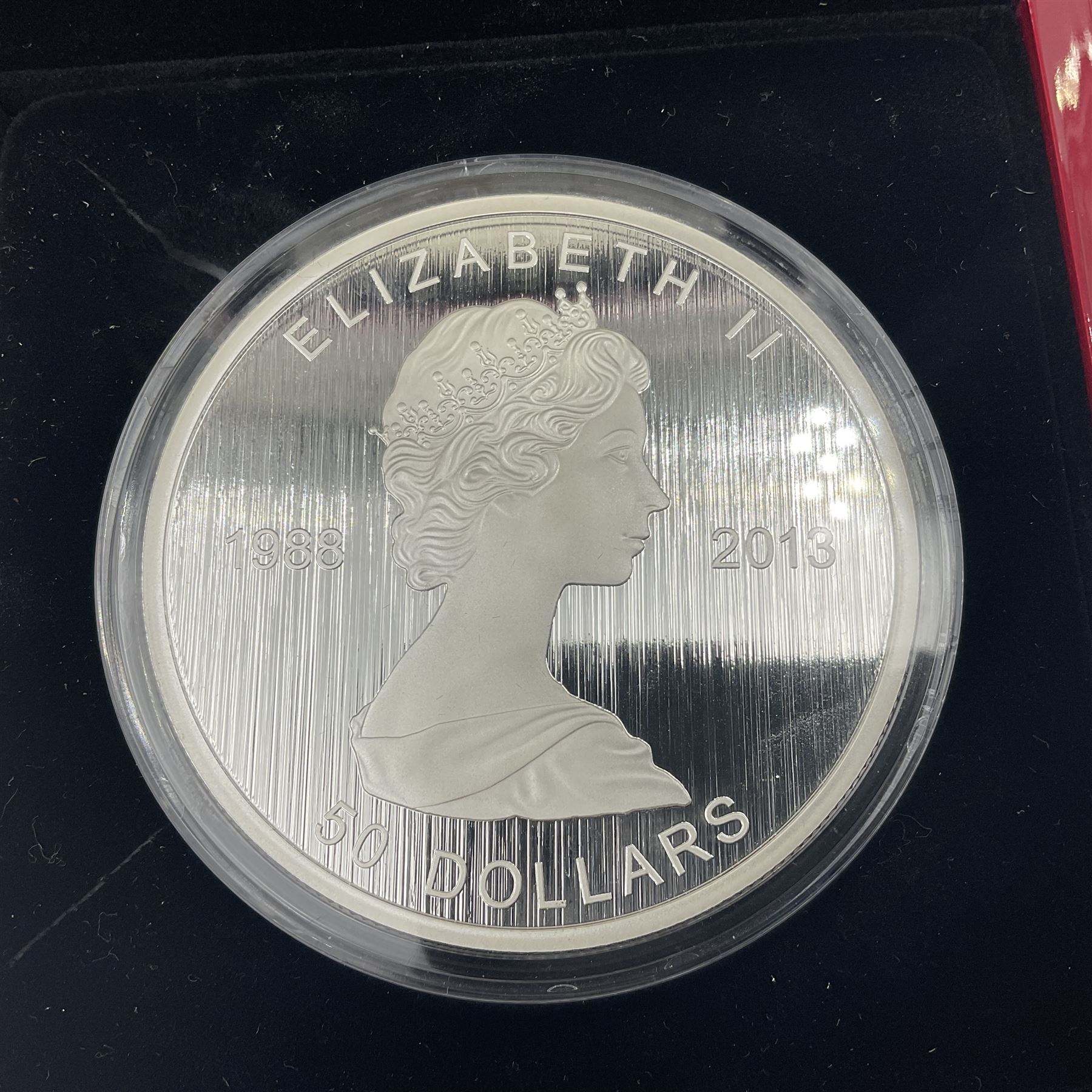 Royal Canadian Mint 2013 '25th Anniversary of the Silver Maple Leaf' fine silver fifty dollar coin, cased with certificate