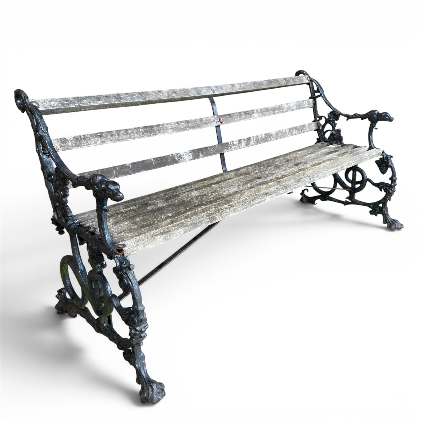 Victorian revival Coalbrookdale 'Dog and Serpent' pattern heavy cast iron garden bench, grape vine detail, joined with eight hardwood slats, finished in black paint