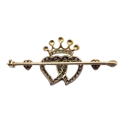  19th century intertwined witches heart bar brooch, beneath crown, set with rose-cut diamonds and seed pearls in gold, 5cm  