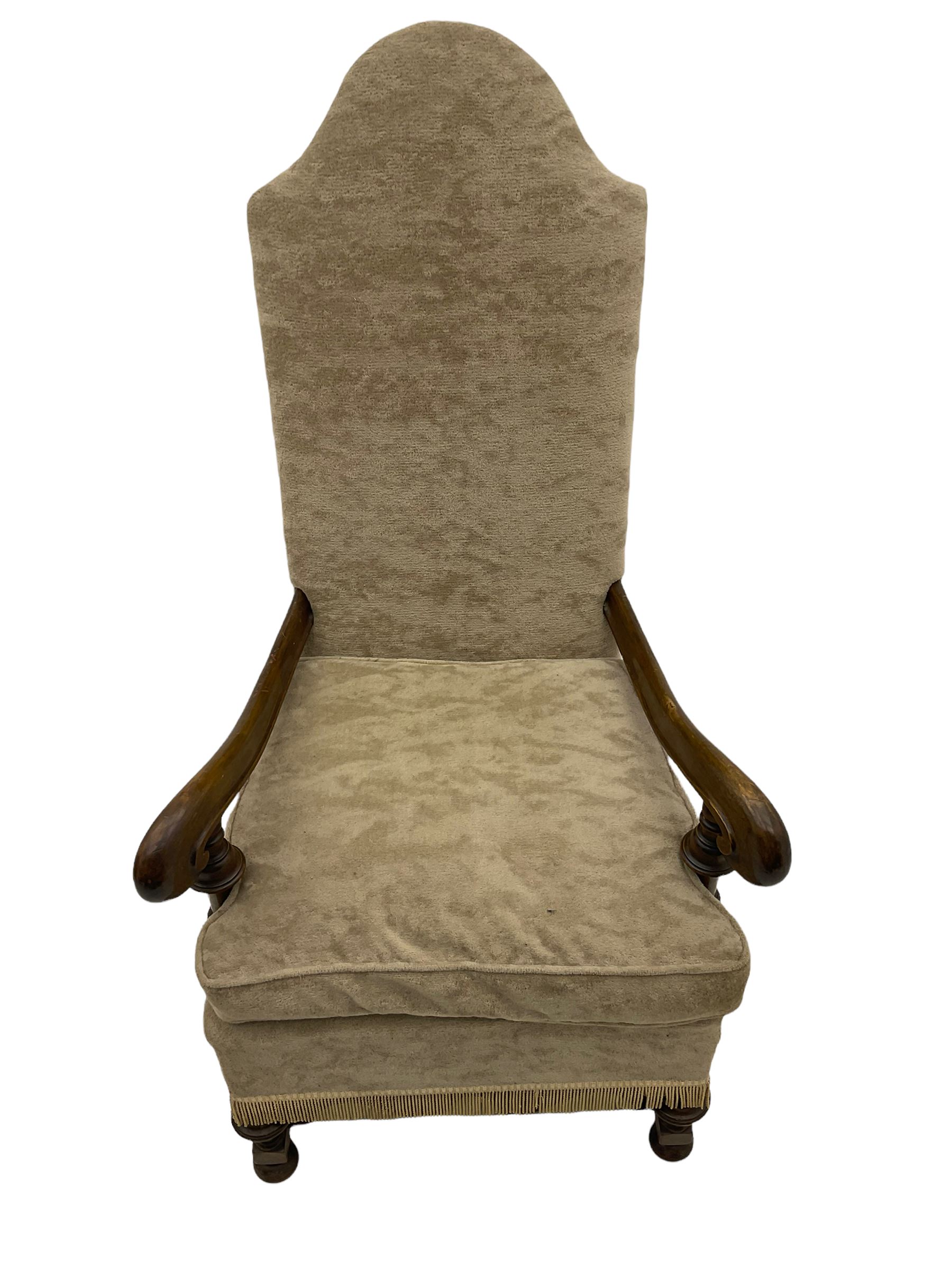 18th century design Continental walnut framed armchair, high shaped back, scroll arms