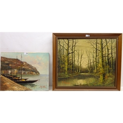  Continental Harbour Scene, oil on canvas signed Apostoli 40cm x 50cm unframed and Woodland River Landscape, oil on canvas signed A. Friedrich 50cm x 60cm (2)  