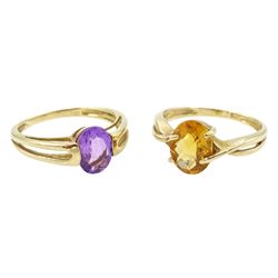 Gold single stone citrine ring and a gold single stone amethyst ring, both hallmarked 9ct