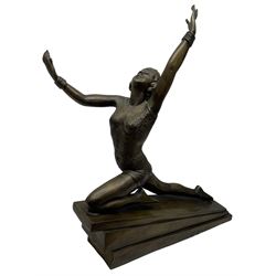 Large bronzed Art Deco style figure of a dancer, on stepped base, H71cm
