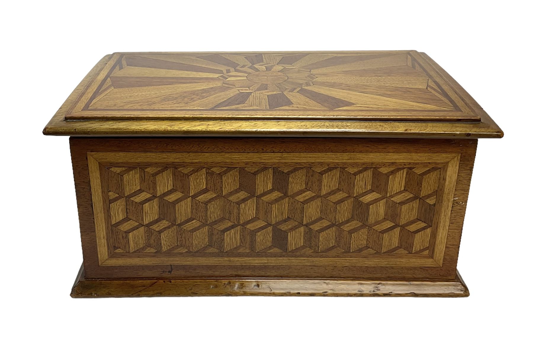 19th Century mahogany and parquetry box of rectangular form, geometric cube design, with a stylised sun detail to the hinged cover, opening to reveal three compartments, L33cm D21cm H16cm
