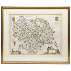 Johannes (Joan) Blaeu (Dutch 1596-1673): 'Ducatus Eboracensis Anglice Yorkshire', 17th century engraved map of Yorkshire with hand-colouring pub. Atlas Novus c.1645, 40cm x 51cm