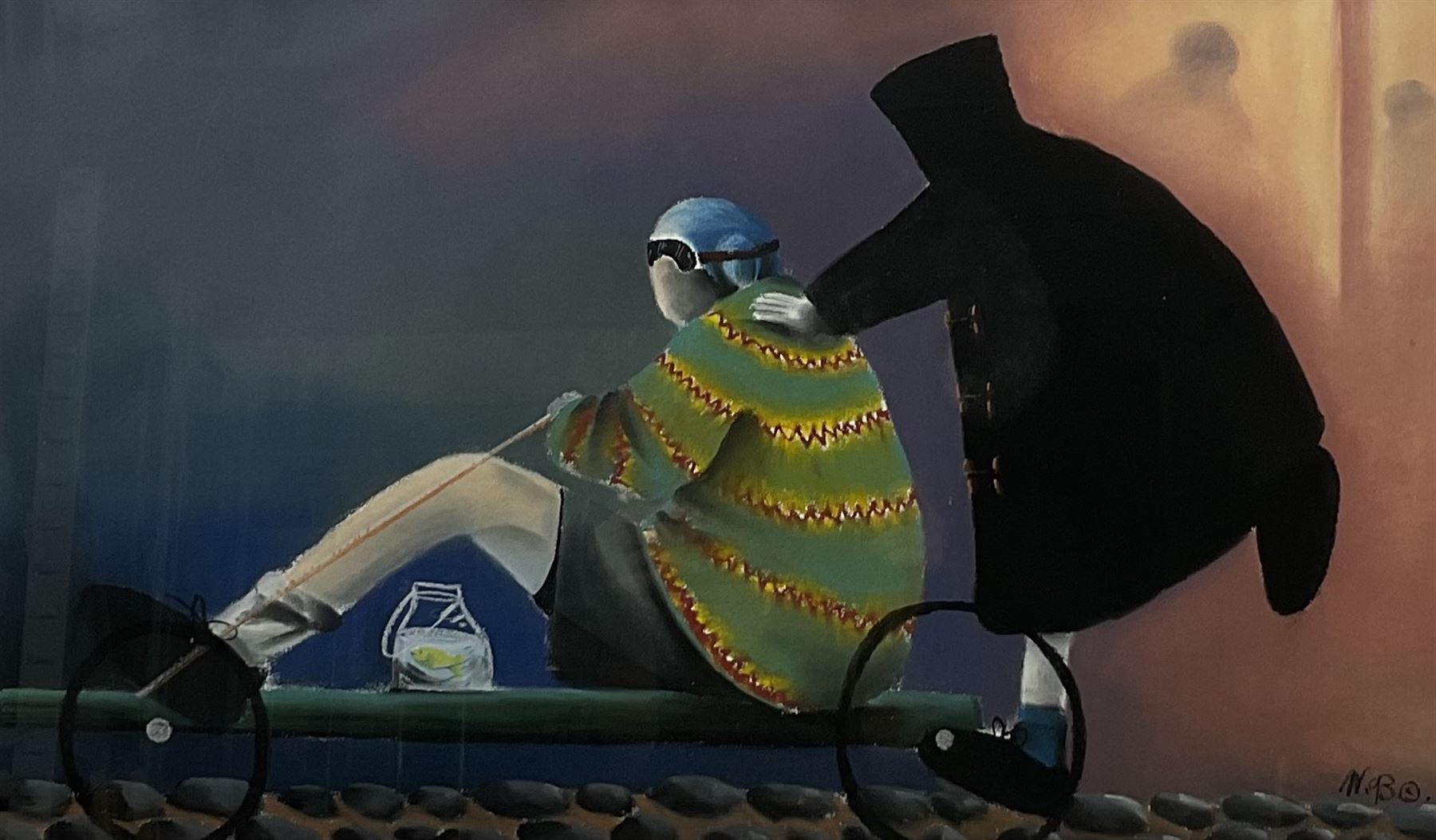 Mackenzie Thorpe (British 1956-): 'I Always Had to Push', pastel on card signed 42cm x 70cm
Provenance: purchased from Halycon gallery Birmingham
Notes: one of Thorpe's earlier pastel originals