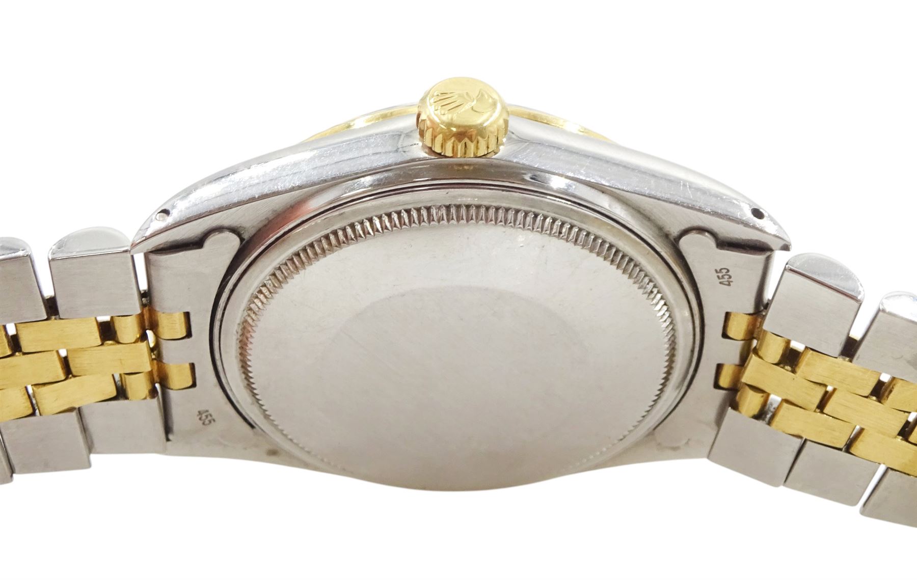 Rolex Oyster Perpetual Datejust gentleman's gold and stainless steel automatic wristwatch, circa 1987, Ref. 16253, serial No. 9871038, white dial with Roman numeral hour markers and date aperture, on gold and stainless steel Jubilee bracelet, with fold-over clasp