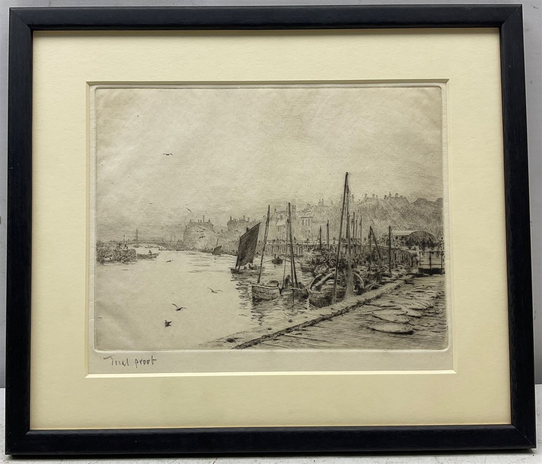 William Lionel Wyllie (British 1851-1931): 'Whitby' - the Fish Market, dry point etching inscribed in pencil 'Trial Proof' 16cm x 20cm
Provenance: with Chris Beetles, St. James's, London, label verso