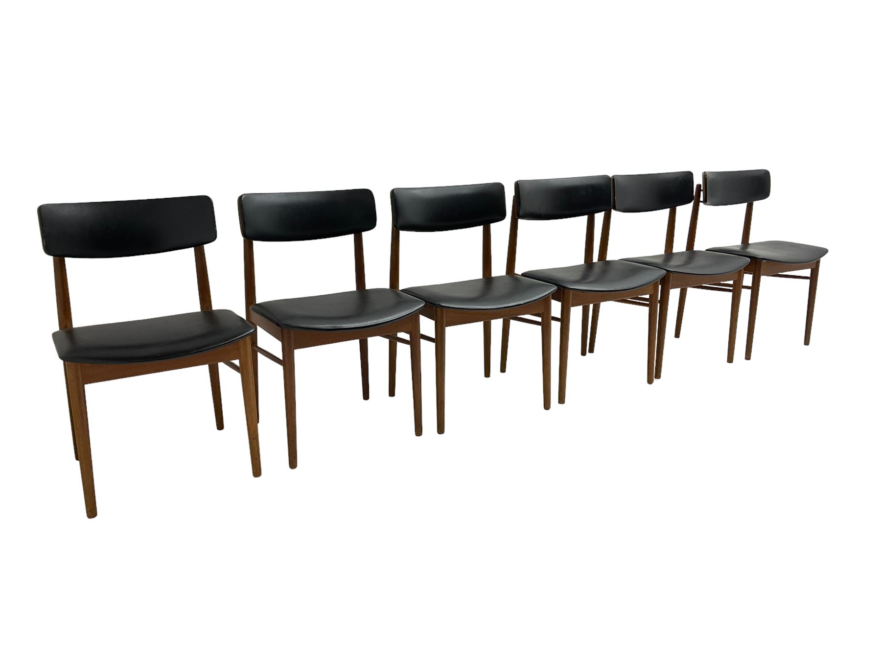 S Chrobat for Sax Mobler - set six mid-20th century Danish teak dining chairs, seat and back rail upholstered in black leatherette, raised on tapering supports