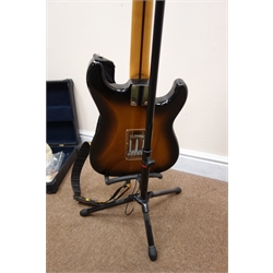  Fender JAP50i Stratocaster left-handed electric guitar, serial no.A107896, signed to the headstock by Bruce Welch, Brian Licorice Locking and Jet Harris, L98cm in hard carrying case with Stagg stand and paperwork including copy of purchase invoice dated August 1999 for from Peter Cooks Guitar World London  
