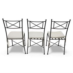 Modern metal and glass conservatory suite, comprising rectangular dining table with clear glass top and six matching metal framed chairs with upholstered seats, together with a matching glass topped coffee table
(Chairs H 92cm, W 42cm, Coffee table H 45cm, W 60cm)