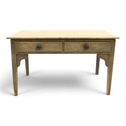 19th century stripped and painted rustic pine table, rectangular triple plank top fitted w...