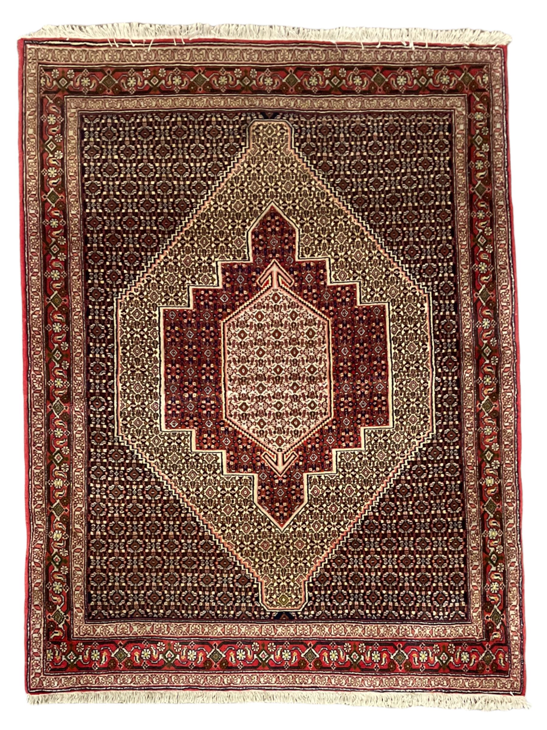 Persian Hamadan rug, lozenge field and decorated with repeating Herati motifs, the band border with repeating design decorated with stylised plant motifs