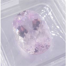Two loose kunzite stones including 26.70 carat oval cut and a 13.40 carat cushion cut