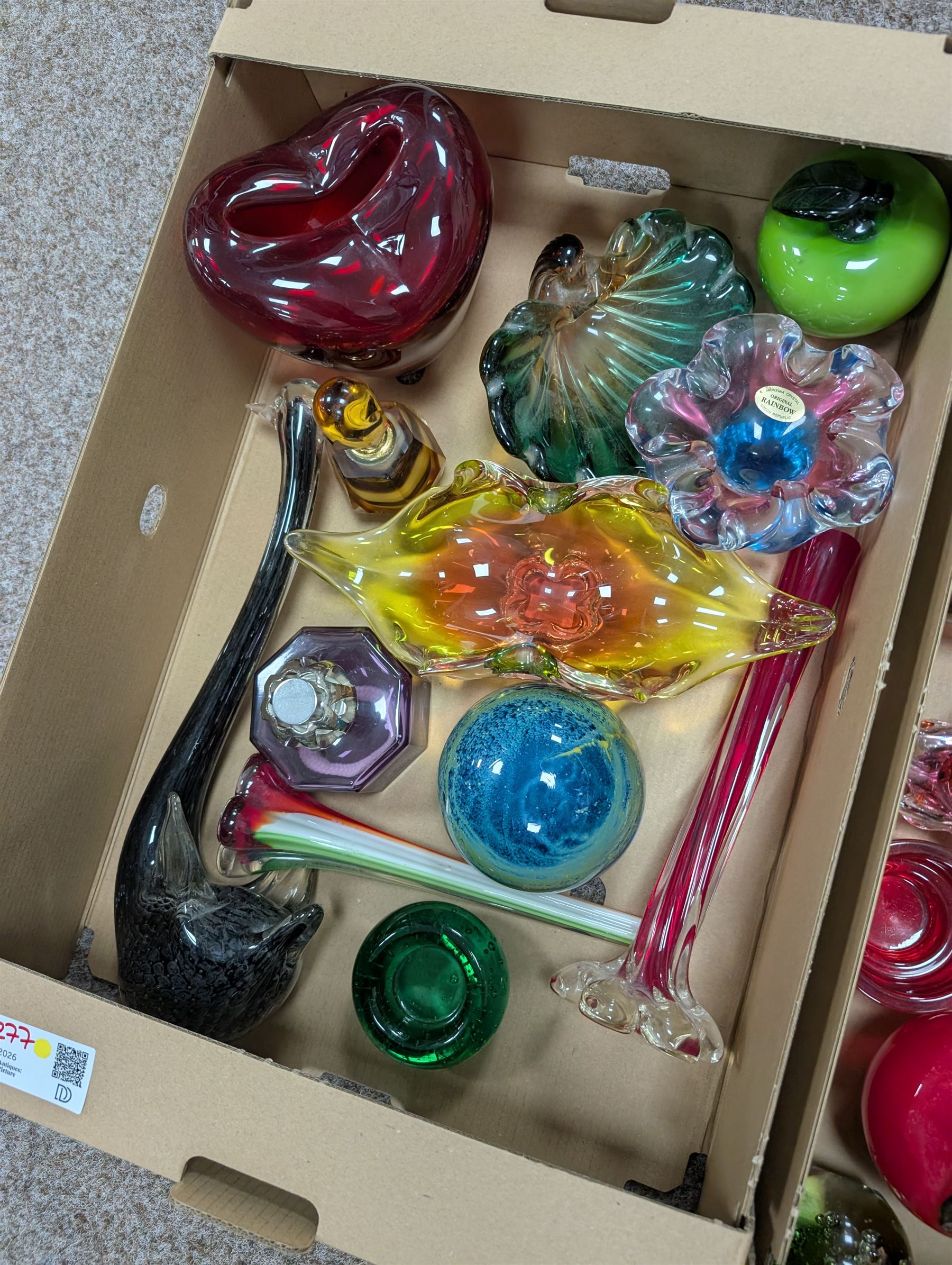 Collection of Art glass, including Langham Frog, apple and corn models, Murano style swan and vases, etc, in three boxes
