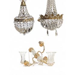 Two brass chandeliers with crystal drops, together with a brass and crystal three branch l...