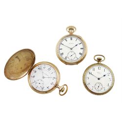 Three American gold-plated keyless pocket watches including an Illinois full hunter 17 jewels No. 2025386, open face Elgin No. 27217580 and an open face Waltham No. 24136049, screw back case, all with white enamel dials and subsidiary seconds dials (3)