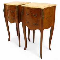 Pair of Louis XV style kingwood and marquetry bedside cabinets, the serpentine sienna marble top above two bombe fronted drawers with rococo style bronze handles and masks on slender cabriole legs terminating in bronze sabots  