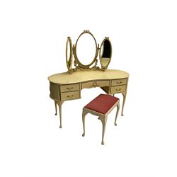French style cream painted kidney shaped dressing table, with mirror and stool; and matching chest