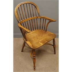  Set four 20th century elm Windsor chairs, two double back and two stick back chairs with crinoline stretchers  